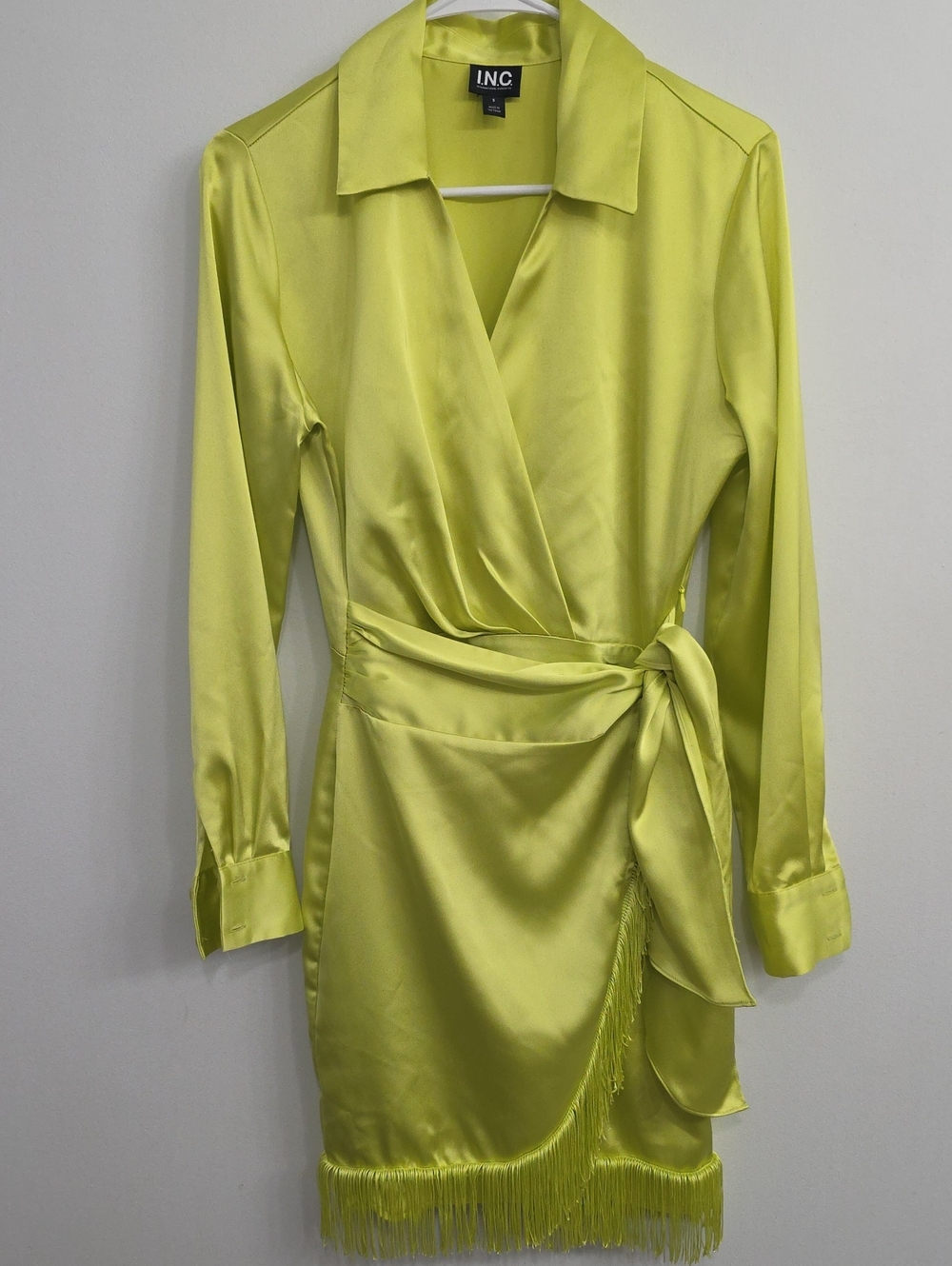 INC International Concepts Neon Lime Satin Wrap Dress with Fringe Trim